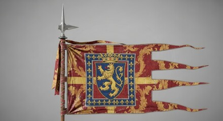 Ornate medieval banner with a crowned lion crest and fleur-de-lis, symbolizing royalty and history.