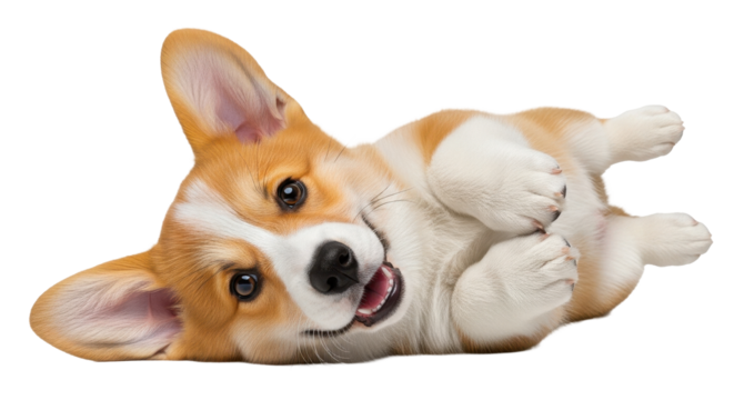 Adorable Pembroke Welsh Corgi puppy rolls playfully with happy expression, capturing pure joy and innocence for any project.