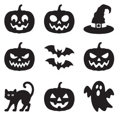 Obraz premium Halloween icon set with pumpkins bats cat witch hat and ghost simple flat vector design element for web and mobile apps isolated on white background