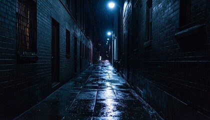 Fototapeta premium Dark Wet Alleyway at Night with Dramatic Streetlights