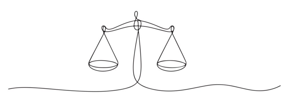 Scales of justice continuous line drawing single outline vector illustration of law and balance isolated on white background