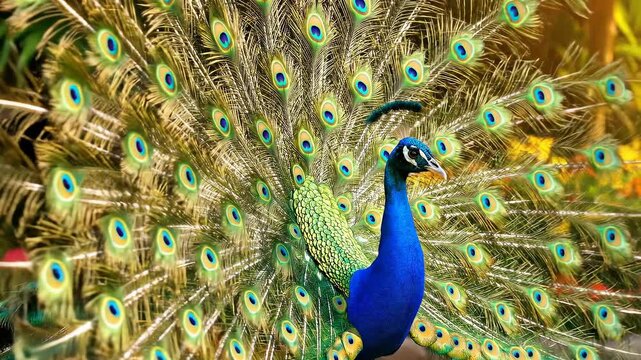 A magnificent male peacock displays its stunning iridescent tail feathers in a grand fanned out pattern outdoors