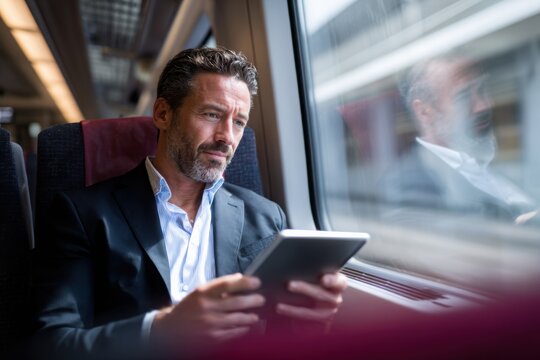 Mature businessman reading on tablet during train journey, showcasing remote work, travel productivity, and modern professional lifestyle.
