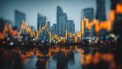 Blurred city skyline with financial charts overlaid