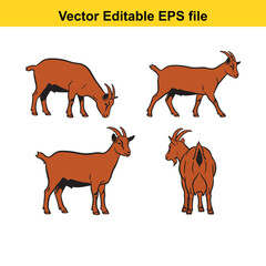 Vector art of set of four brown goats in different poses, , vector illustration