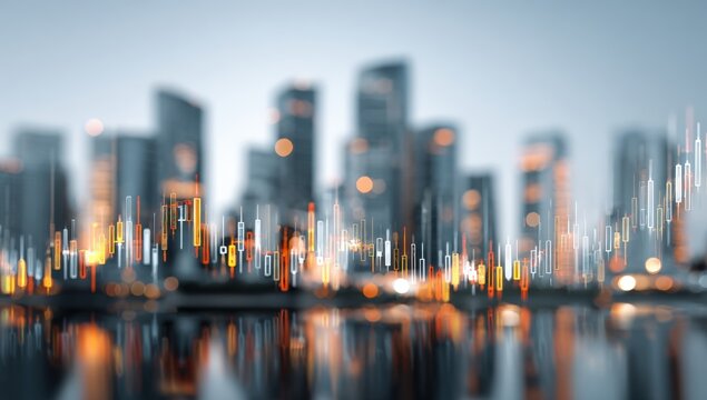 Abstract cityscape with financial data overlay