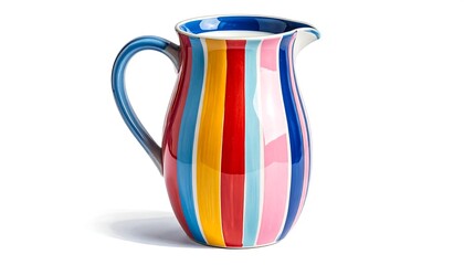 A colorful, striped ceramic pitcher with a curved handle and spout