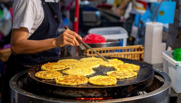 A cook flips golden pancakes on a large, circular griddle outdoors