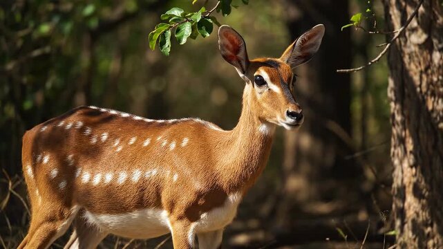 A spotted deer stands alert in a sun-dappled forest clearing