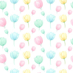 Obraz premium Seamless pattern of delicate, sweet pastel flowers on a creamy background. Perfect vector illustration for fabric, textile, wallpaper, wedding invitations, or branding. Cute, vintage, and romantic des