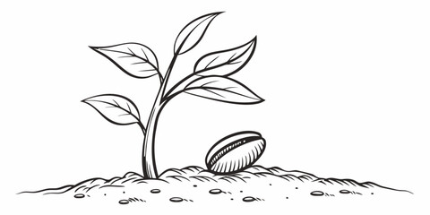 Vector illustration of a young plant sprouting from the ground next to a seed in black and white drawing