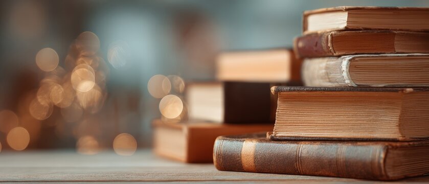 Stack of antique books on a wooden surface. Soft focus bokeh lights in the background
