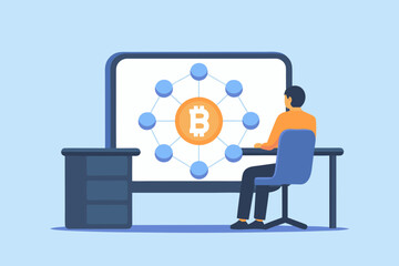 Person working on a computer displaying a bitcoin network diagram with blockchain technology concept