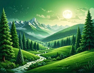 Lush green valley, mountains, moonlit night