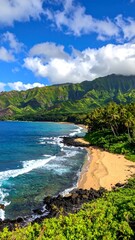 Lush Hawaiian coastline with turquoise water, sandy beach, and verdant hills