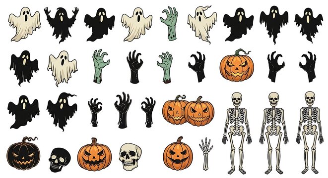Halloween Icons Set Ghosts Pumpkins Skeletons and Zombie Hands Vector Illustration. - Powered by Adobe