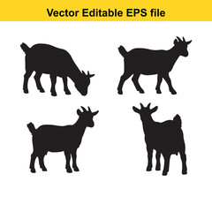 Vector art of set of four black goat silhouettes in different poses, isolated on a