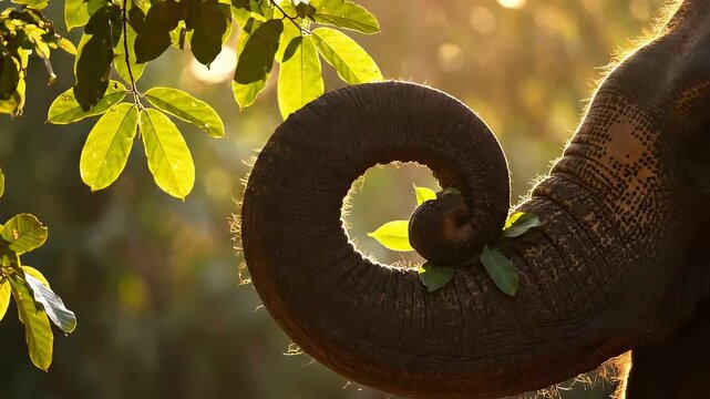 Close up of an elephant trunk curled up against backlit foliage during golden hour