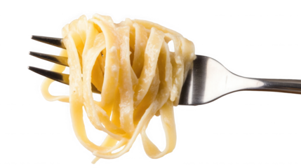 A close up of fettuccine pasta with creamy sauce twirled on a silver fork against a black background on transparent background
