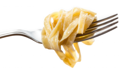 A close up of fettuccine pasta wrapped around a silver fork against a black background studio shot on transparent background