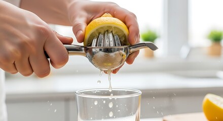 Hands squeezing fresh lemon juice into a glass of water in a bright kitchen.