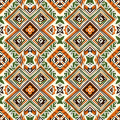 Seamless geometric pattern in retro orange and green colors. A modern and eye-catching 70s style design, perfect for website backgrounds, fashion textiles, or interior decoration.