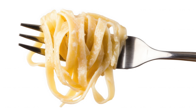A close up of fettuccine pasta with creamy sauce twirled on a silver fork against a black background on transparent background