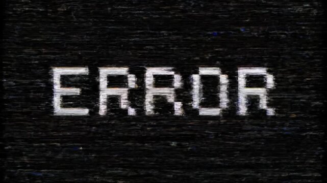 Distorted digital 'ERROR' message on a dark, noisy screen, evoking a vintage computer system malfunction or a retro glitch effect