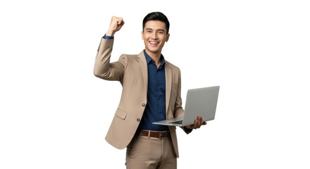 Young Asian businessman celebrating success with laptop, fist pump of triumph in professional achievement, modern entrepreneur victory