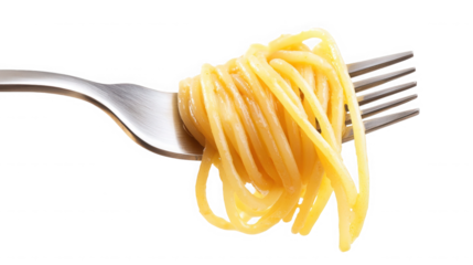A close up of spaghetti pasta wrapped around a metal fork against a black color background view on transparent background