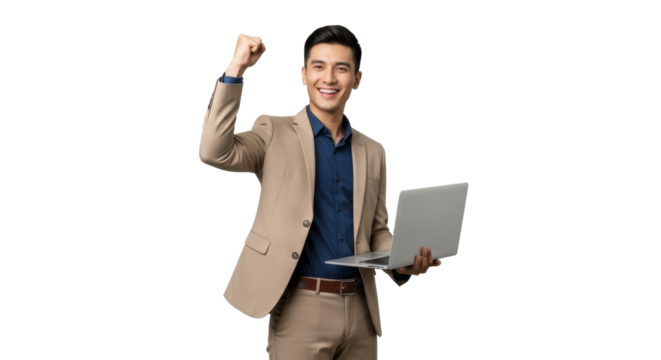 Young Asian businessman celebrating success with laptop, fist pump of triumph in professional achievement, modern entrepreneur victory