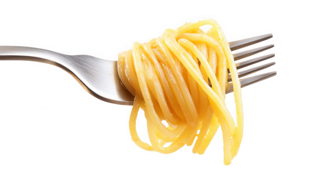 A close up of spaghetti pasta wrapped around a metal fork against a black color background view on transparent background