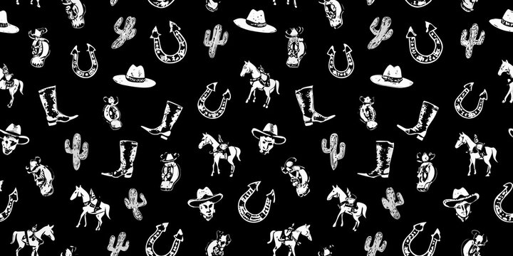 Whimsical western cowboy pattern with horses cacti boots and horseshoes on black background
