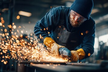 Industrial worker using an angle grinder on a metal surface, wearing protective gear as bright sparks fly in a factory setting.
