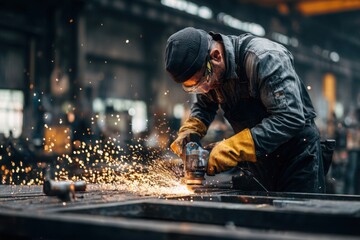 Industrial worker using an angle grinder on a metal surface, wearing protective gear as bright sparks fly in a factory setting.