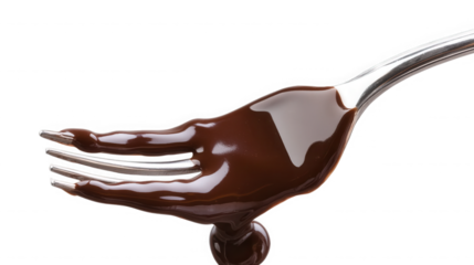 A close up of a silver fork covered in dark chocolate against a plain black studio background scene view on transparent background