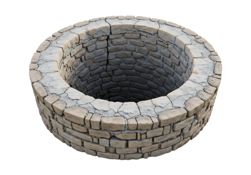Circular old stone well features cracked brick texture symbolizing drought, water scarcity, and history.