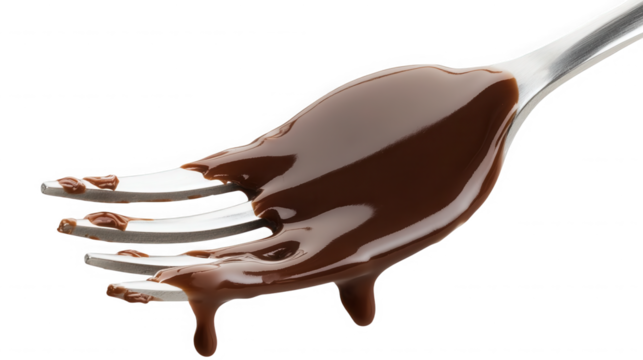 A close up of a silver fork covered in dark chocolate against a plain black studio background scene on transparent background
