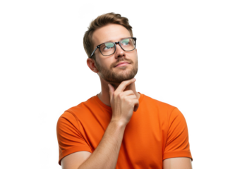 Man in orange tshirt with glasses thinking isolated on transparent background
