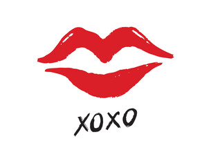 pink red lipstick kiss symbol, hugs and kisses text xoxo. lips xo xo doodle hand drawn icon. Drawing line clipart symbol