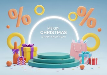 Merry christmas and happy new year podium with gifts and percentages