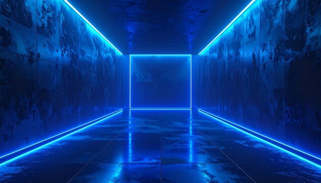 A futuristic corridor bathed in neon blue light with reflective flooring - Powered by Adobe