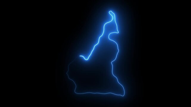 Cameroon map outline glowing neon blue electric energy light animation on black background abstract digital representation of African nation geography