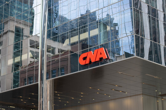 Chicago, IL, USA - Aug 27, 2025: Exterior view of the CNA Center at 151 North Franklin in the Chicago Loop, the corporate headquarters for CNA Insurance.