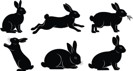 Silhouette rabbits in different poses, vector animal illustration, jumping bunny, eating grass, sitting, running, wildlife graphic, pet design, cad drawing flat vector illustration © Amol Chandra