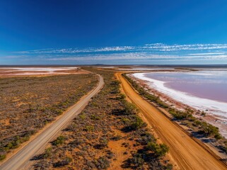 Fototapeta premium Top-down drone shot showing a striking contrast between red and blue salt lake waters, divided by a curved road along the shore.