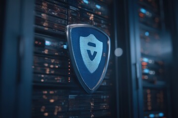 High-tech server environment showcasing a digital security shield emblem, symbolizing advanced cybersecurity and data protection on sleek technology background illuminated with blue tones
