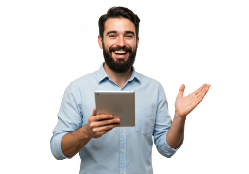 Man smiles holding tablet with open hand on transparent background