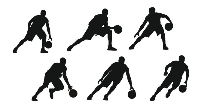 Basketball Dribbling Techniques Silhouettes, Player Ball Handling Vector Poses, Crossover and Behind-the-back Dribbles