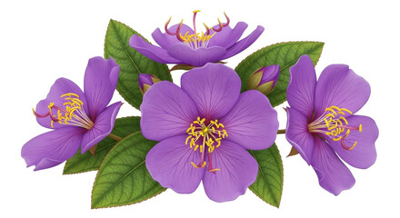 Vibrant purple flowers with delicate yellow stamens and lush green leaves create a stunning natural botanical arrangement for design.